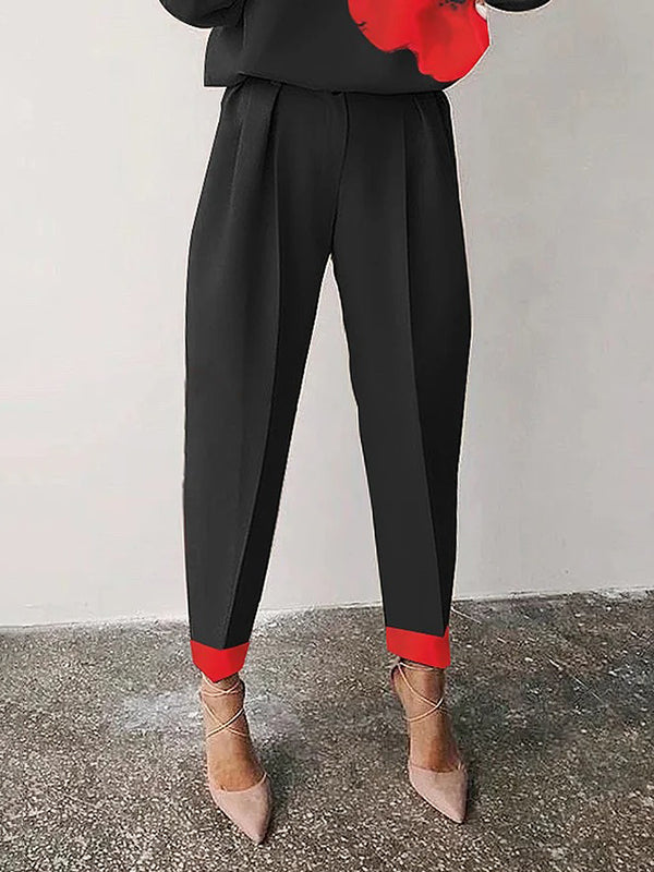 Long Sleeves Loose Buttoned Elasticity Flower Print Hollow Pleated Round-neck Pants Set Two Pieces Set