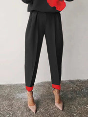 Long Sleeves Loose Buttoned Elasticity Flower Print Hollow Pleated Round-neck Pants Set Two Pieces Set