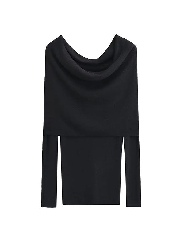 Pleated Solid Color Split-Joint Long Sleeves Skinny Off-the-shoulder Pullovers Knitwear