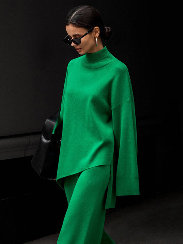 Casual Solid Color Irregularity High-Neck Sweater& Wide Leg Pants Suits