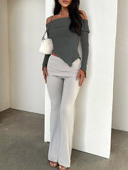Solid Color Irregular Clipping Long Sleeves Off-The-Shoulder T-Shirts
