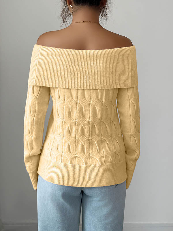 Solid Color Split-Joint Long Sleeves Off-The-Shoulder Sweater Tops Pullovers