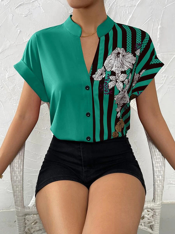 Buttoned Contrast Color Flower Print Striped Loose Short Sleeves V-Neck Blouses&Shirts Tops