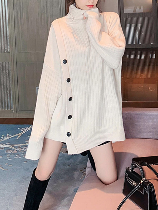 Asymmetric Buttoned High-low Long Sleeves High-neck Sweater Tops Pullovers Knitwear
