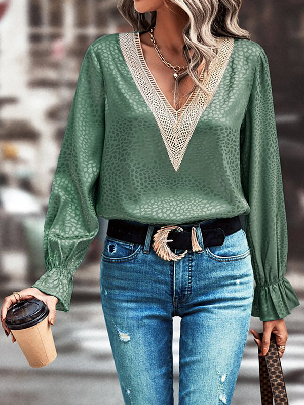 Elasticity Hollow Jacquard Leopard Split-Joint Long Sleeves Loose V-Neck Blouses&Shirts Tops