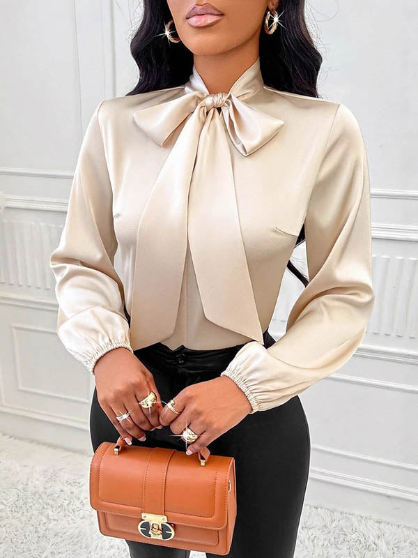 Bow-Embellished Pleated Solid Color Split-Joint Long Sleeves Loose Scarf Collar Blouses&Shirts Tops