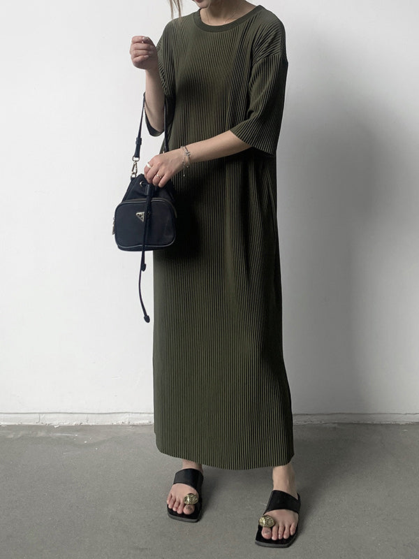 Pleated Solid Color Half Sleeves Loose Round-Neck Midi Dresses