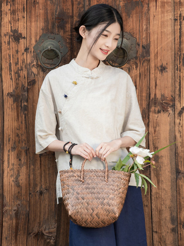 Artistic Retro Loose Half Sleeves Buttoned Contrast Color Stand Collar Blouses&Shirts Tops