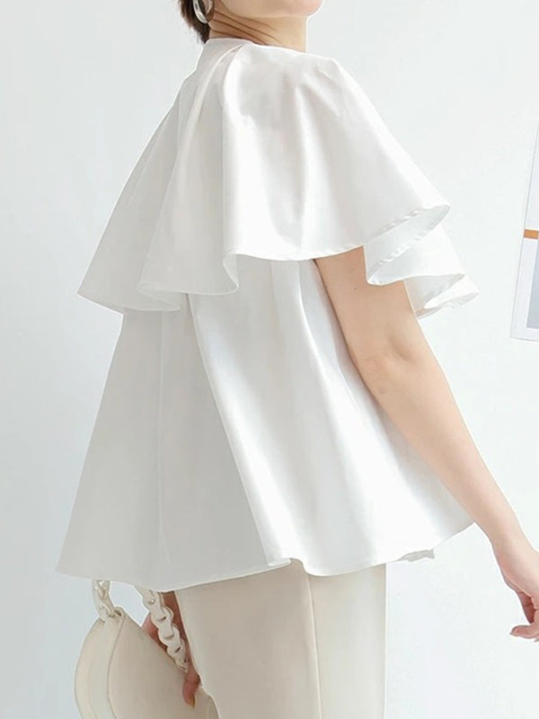 Falbala Loose Short Sleeves Round-neck Blouses&shirts Tops
