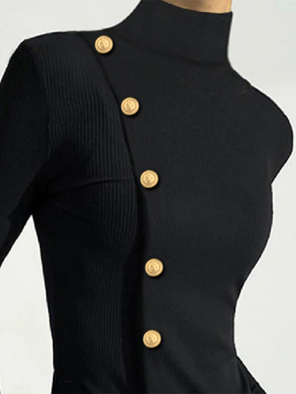 Buttoned Solid Color Long Sleeves Skinny High Neck T-Shirts Tops