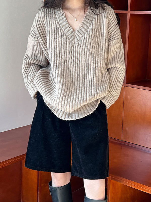 Hollow Solid Color Long Sleeves Loose V-Neck Sweater Tops Pullovers