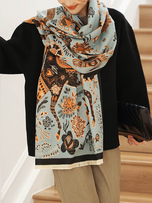 Vintage Knitting Tasseled Jacquard Imitated Cashmere Scarf Shawl