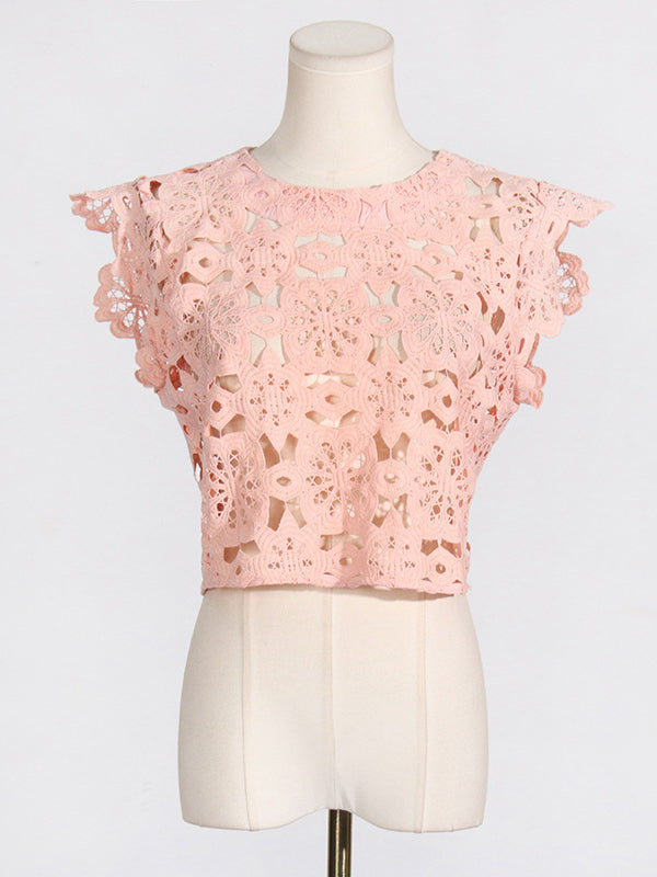 Jacquard Solid Color Flower Print Hollow Round-Neck Vest Top + Ruffle Trim Bodycon High-Low Skirts Bottom Two Pieces Set
