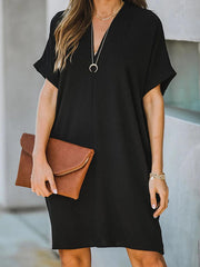 Solid Color High Waisted Loose V-Neck Mini Dresses