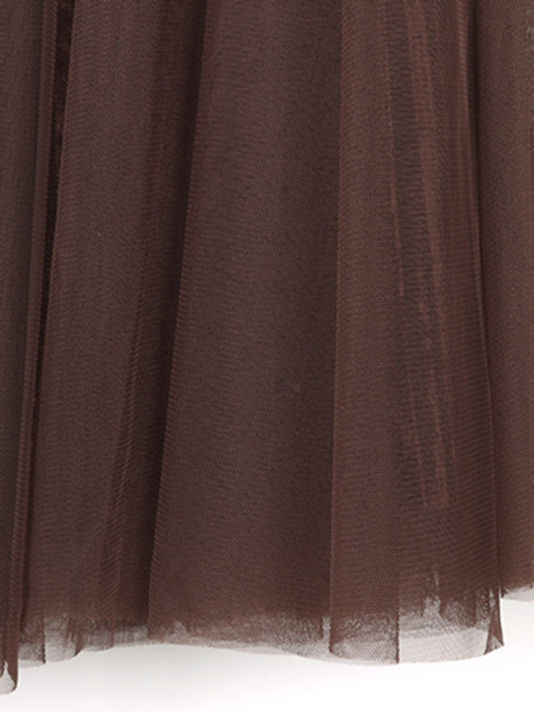 Gauze Pleated Solid Color Split-Joint A-Line High Waisted Skirts