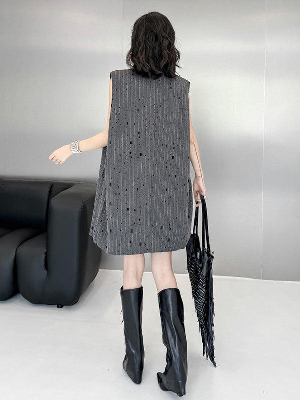 Striped Loose Sleeveless Lapel Vest Top