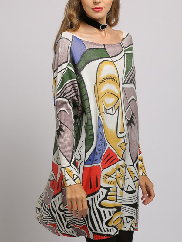 Figure Printed Long Sleeves Loose Boat Neck Knitwear