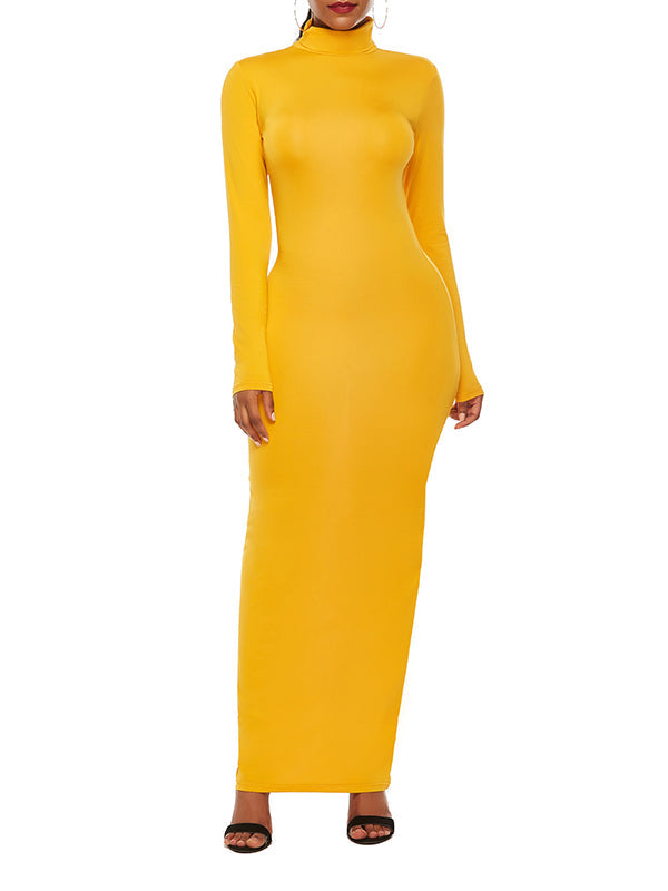Solid Color Bodycon Long Sleeves High Neck Maxi Dresses