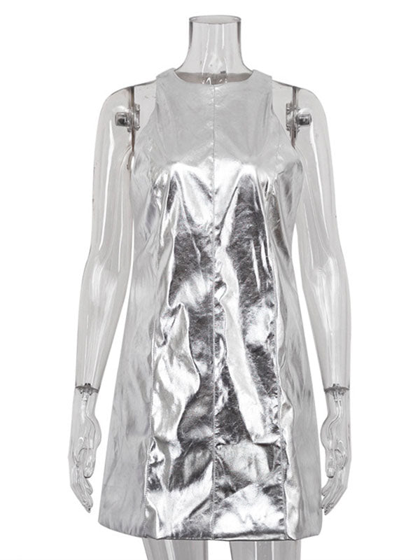 Shiny Solid Color Zipper A-line Loose Round-neck Mini Dresses