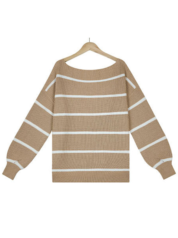 Long Sleeves Striped Off-The-Shoulder Sweater Tops