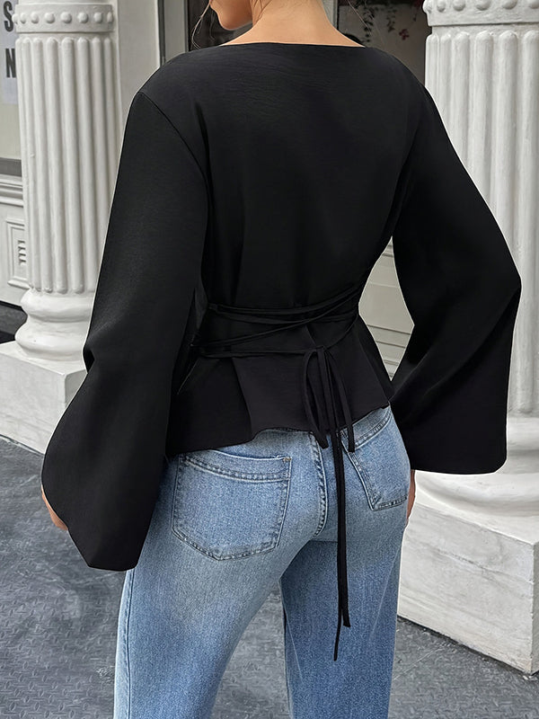 Solid Color Split-Joint Tied Waist Elasticated Waist Flared Sleeves Round-Neck T-Shirts Tops