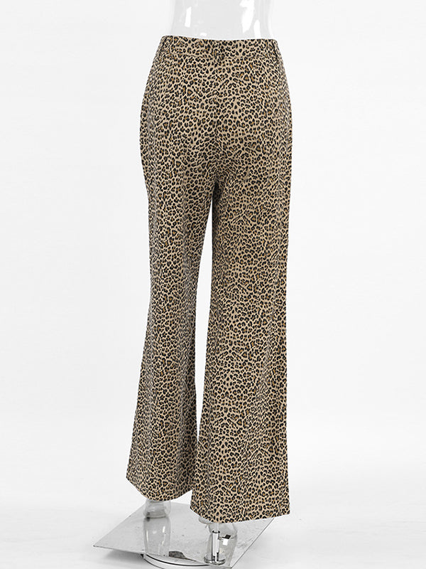 Leopard Printed Split-Joint High Waisted Loose Trousers Pants
