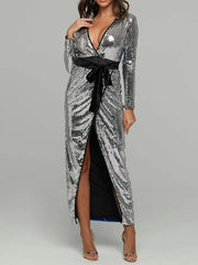 Bandage Belted Sequined Split-Front Zipper Long Sleeves Deep V-Neck Midi Dresses