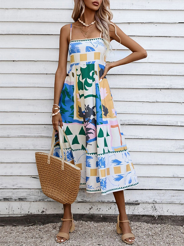 Pleated Printed Split-Joint High Waisted Sleeveless Collarless Slip Dress Midi Dresses
