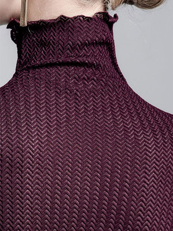 Mesh See-Through Slightly Sheer Split-Joint Long Sleeves Plus Size High Neck T-Shirts