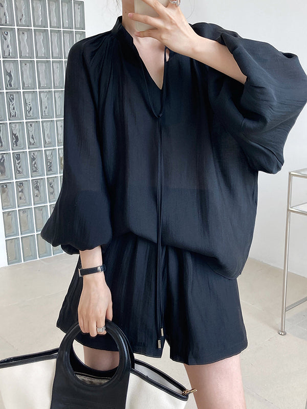 Casual Loose Solid Color Puff Sleeves Blouse&Wide Leg Shorts Two Pieces Set