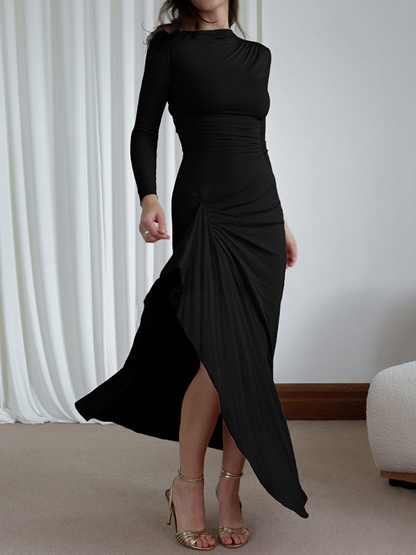 Asymmetric Pleated Ruffled Solid Color Split-Joint Bodycon High Waisted Round-Neck Maxi Dresses