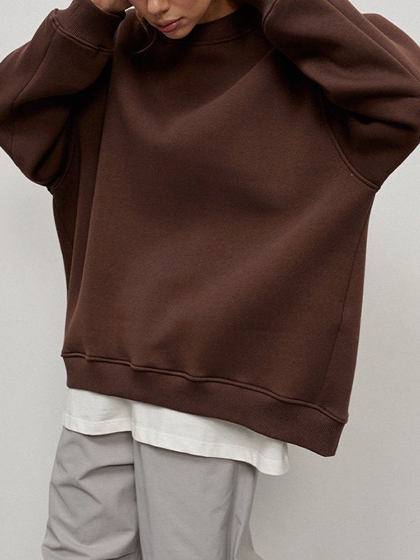 Solid Color Long Sleeves Loose Round-Neck Sweatshirt Tops