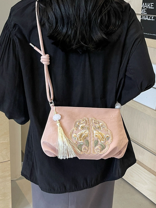 Embroidered Pleated Tasseled Zipper Crossbody Bags