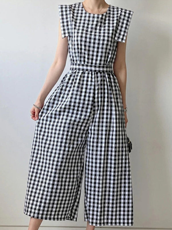 Plaid Pockets Tied Waist High Waisted Loose Round-neck Jumpsuits