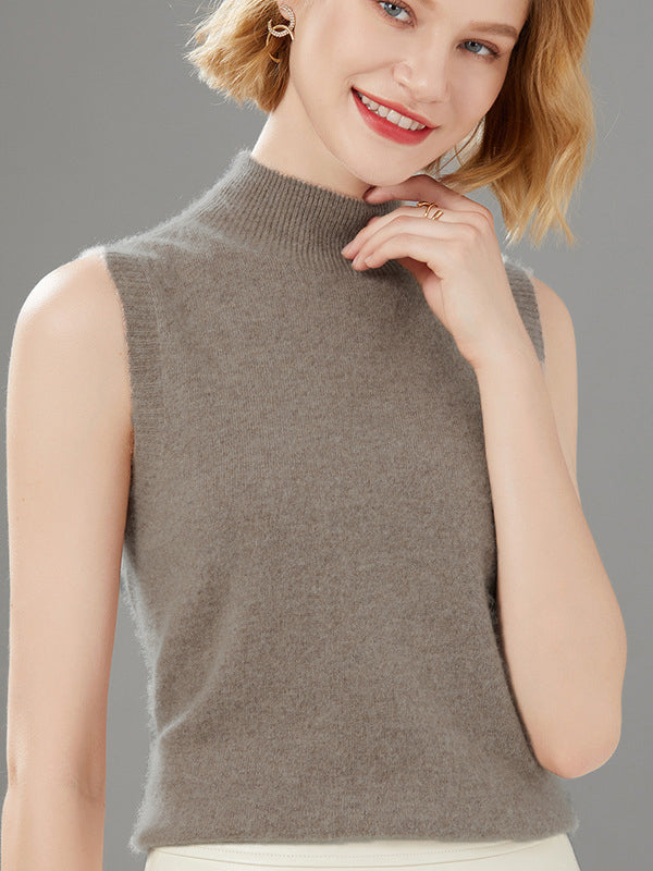 Stylish Wool Sleeveless Solid Color Half Turtleneck Vest Top