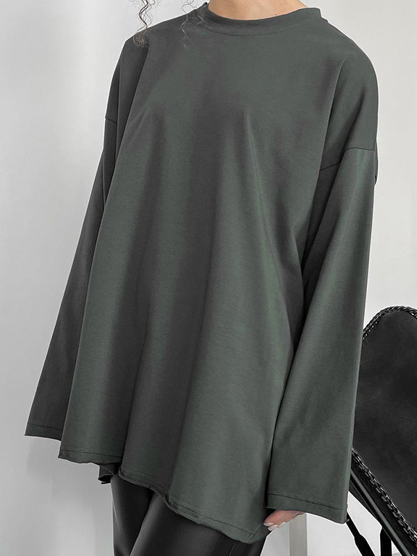 Solid Color Long Sleeves Loose Round-Neck T-Shirts Tops