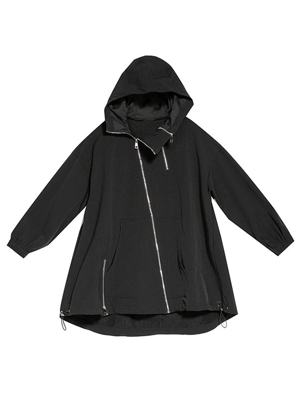 Irregularity Loose Solid Color Zipper Hooded Outerwear