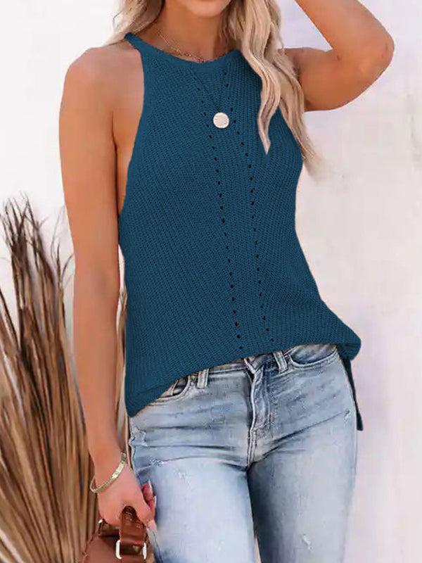 Hollow Solid Color Loose Sleeveless Spaghetti-Neck Vest Top