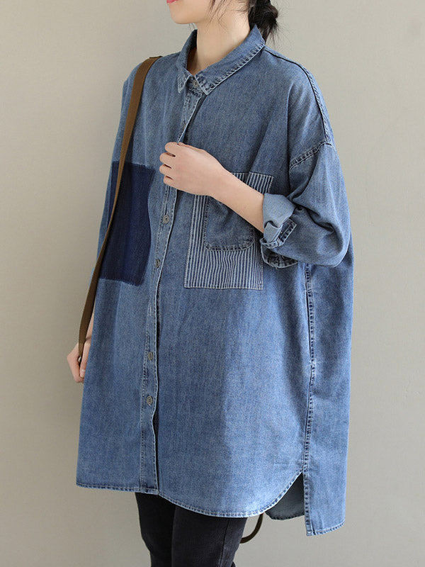 Asymmetric Buttoned Pockets Split-Joint High-Low Long Sleeves Lapel Blouses&Shirts Tops