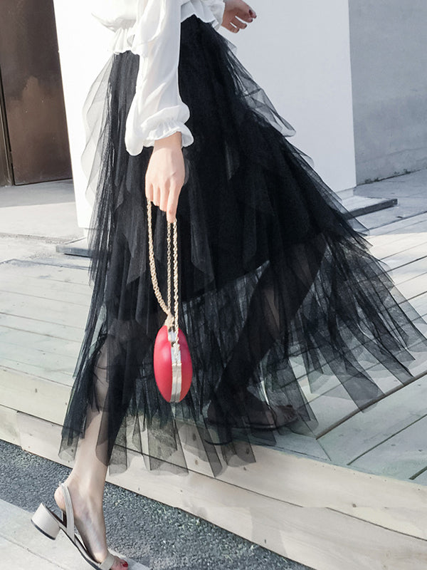 Original Stylish Irregular Mesh Solid Color Skirt