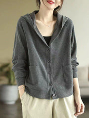 Casual Long Sleeves Loose Buttoned Solid Color Hooded Knitting Outerwear