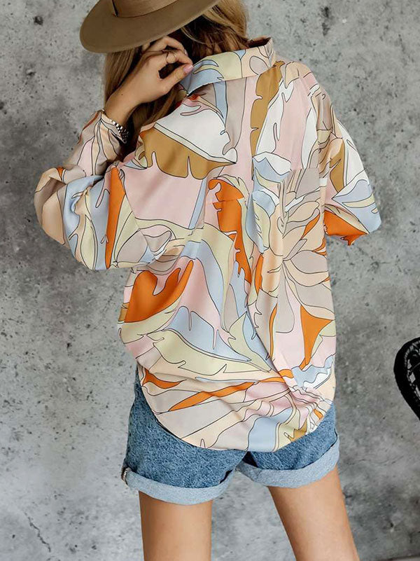 Contrast Color Printed Long Sleeves Loose Lapel Blouses