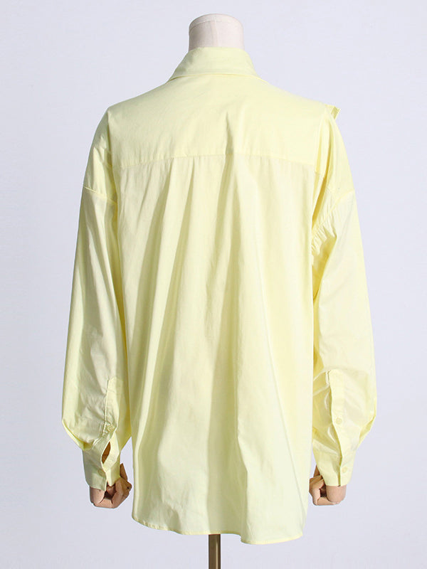 Asymmetric Buttoned Pleated Solid Color Split-Joint Three-Dimensional Flower Long Sleeves Loose Lapel Blouses&Shirts Tops
