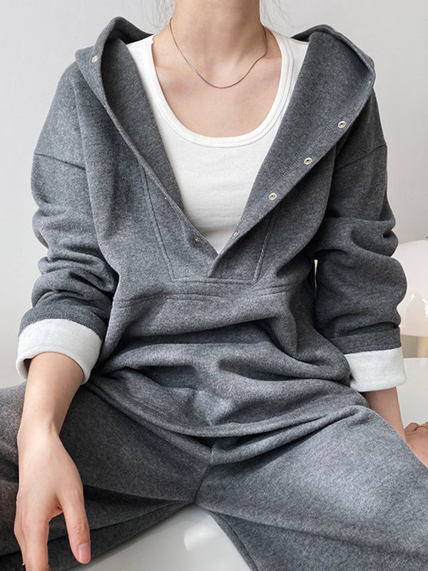 Loose Long Sleeves Split-Joint Hoodies + Elasticity Solid Color Pants Trousers Two Pieces Set