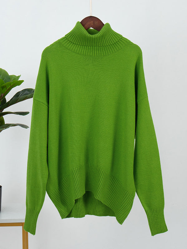 Casual Long Sleeves Loose Solid Color High-Neck Sweater Tops