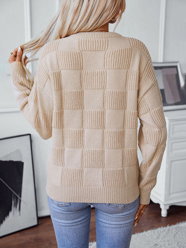 Solid Color Split-Joint Long Sleeves Loose Round-Neck Sweater Tops Pullovers