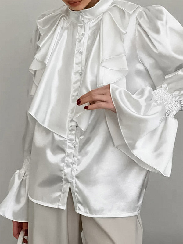 Falbala Solid Color Split-Joint Flared Sleeves Loose Stand Collar Blouses&Shirts Tops