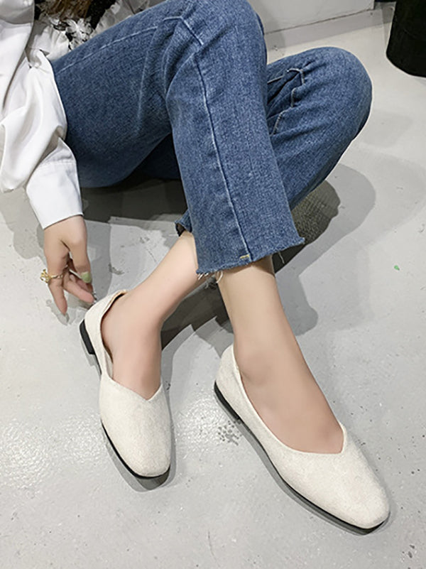 Solid Color Square-Toe Low Heels Flat Shoes