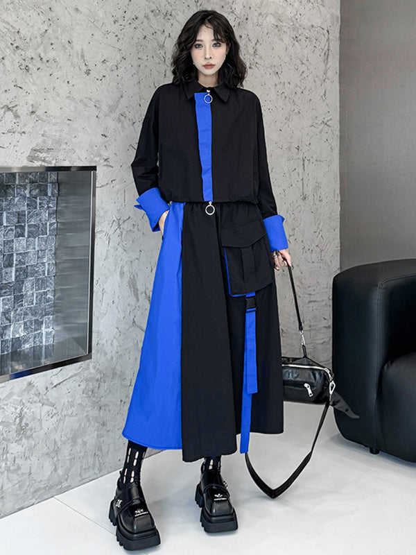 Asymmetric Contrast Color Split-Joint Lapel Blouses&Shirts Tops + A-Line Elasticated Waist Pockets Streamer Skirts Bottoms Two Pieces Set