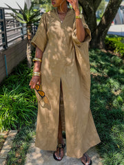 Solid Color Split-Front Loose Short Sleeves V-Neck Maxi Dresses